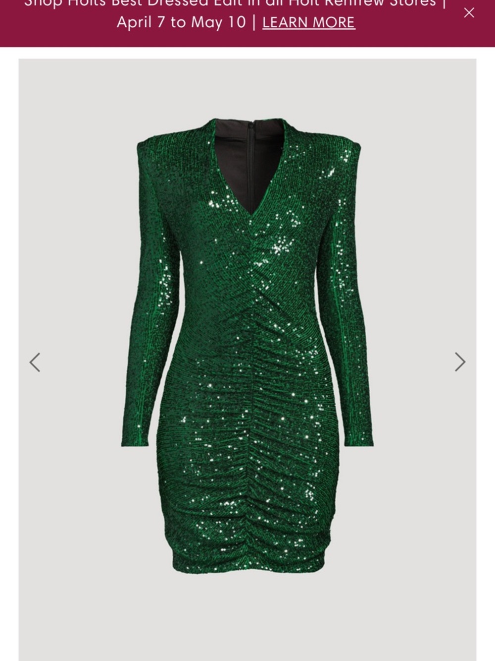 Smythe Emerald Sequin Long-Sleeve Ruched V-Neck Dress